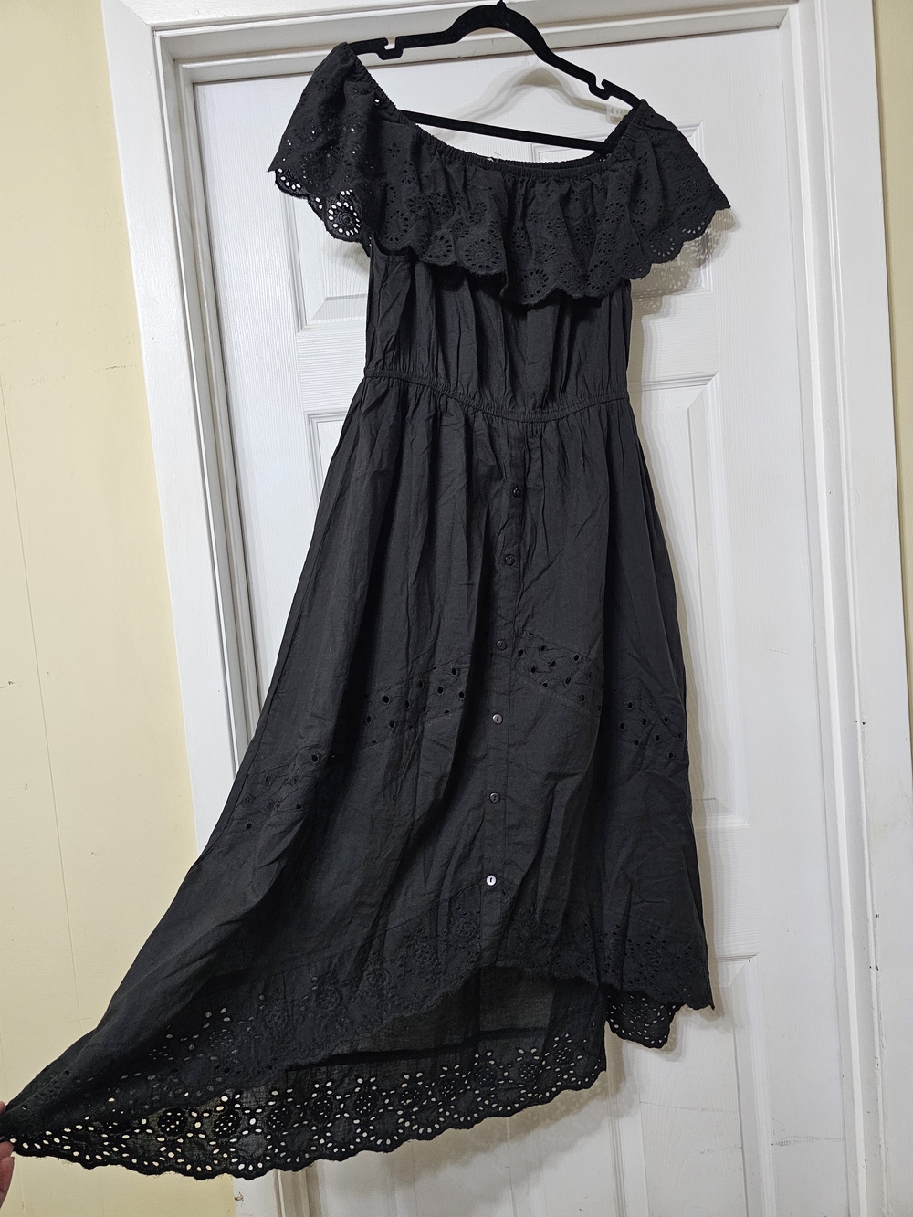 Classic Black Strapless Hi-Low Eyelet Midi Dress